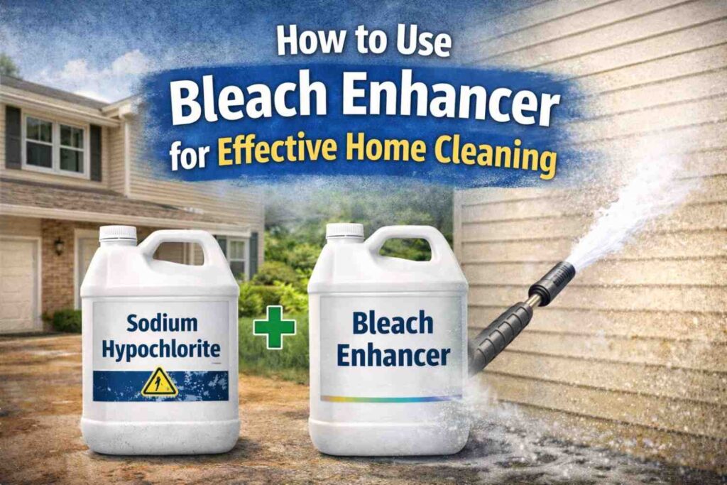 Bleach enhancer and sodium hypochlorite containers shown with pressure washer spraying house siding for effective exterior home cleaning.